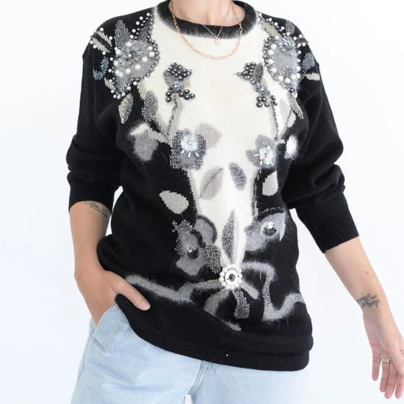 Vintage Angora Elegant Black and White Floral Sweater - Picture 3 of 13